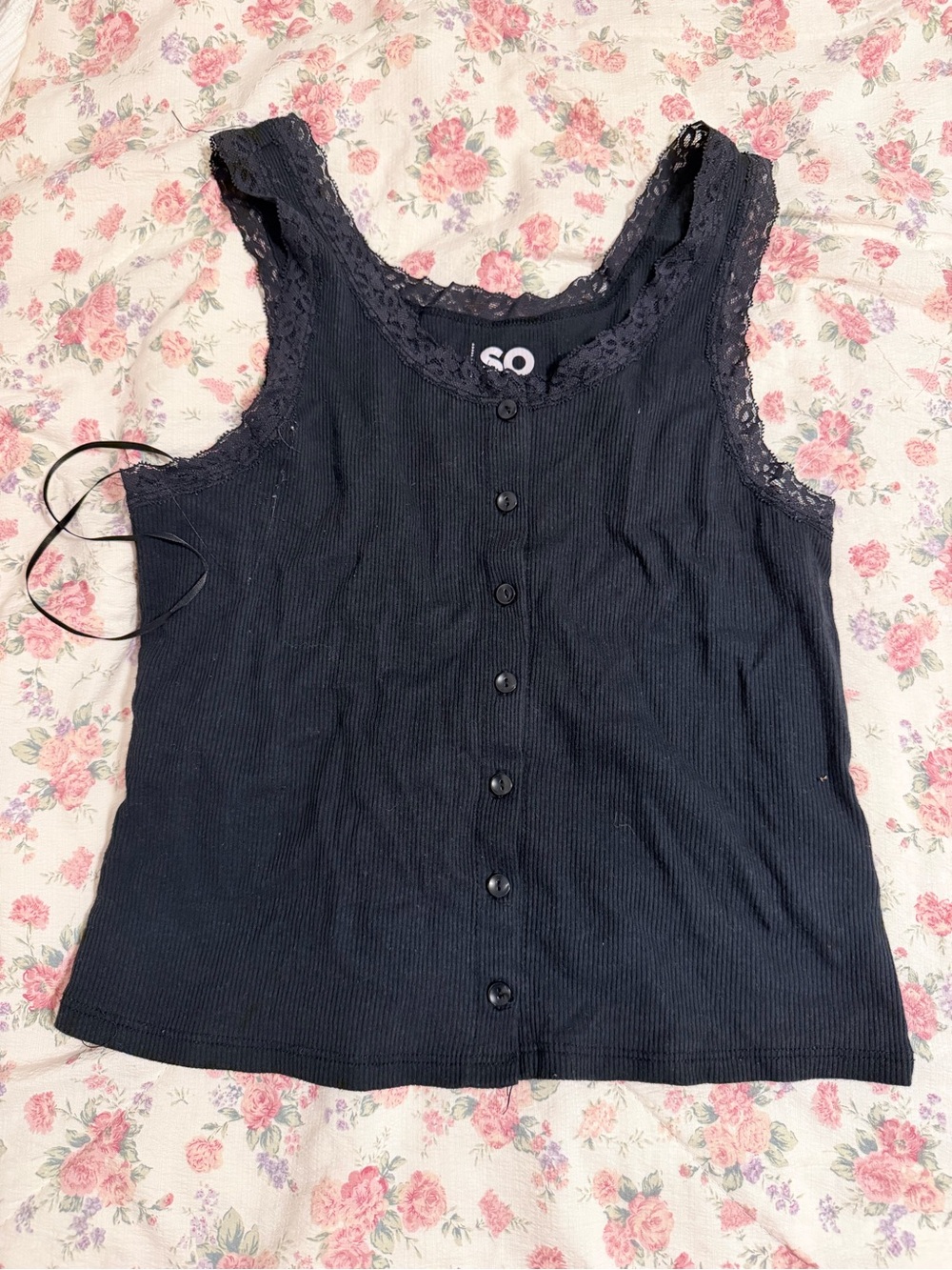 SO Black Lace-Trim Button-Front Ribbed Tank